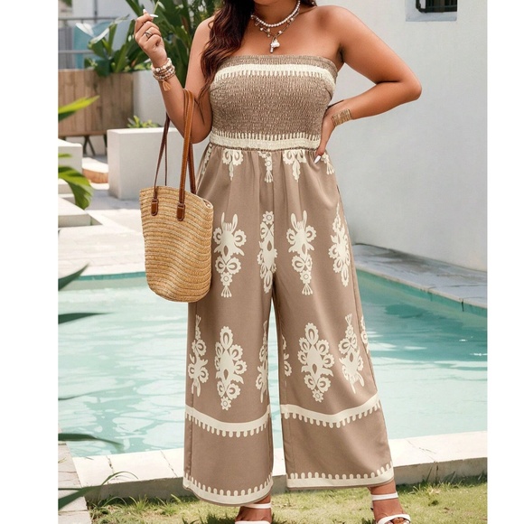 Boho Baby Blue Shirred Bodice Strapless Wide Leg Jumpsuit - Picture 6 of 9